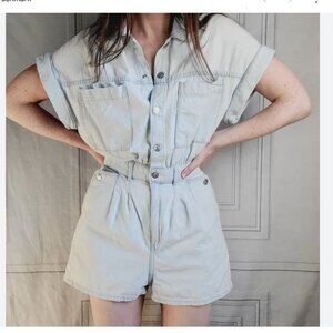 Zara Light Blue Soft Denim Short Sleeve Utility Romper Size M